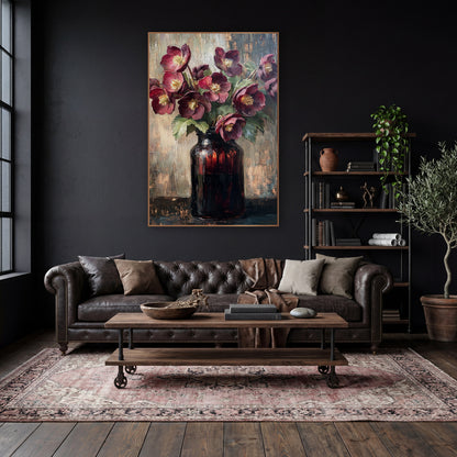 Amber Jar Hellebores Vintage Modern wall art in a moody dark academia room – burgundy hellebores with yellow centers