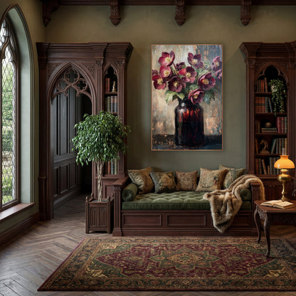 Amber Jar Hellebores Vintage Modern wall art in a moody dark academia room – burgundy hellebores with yellow centers