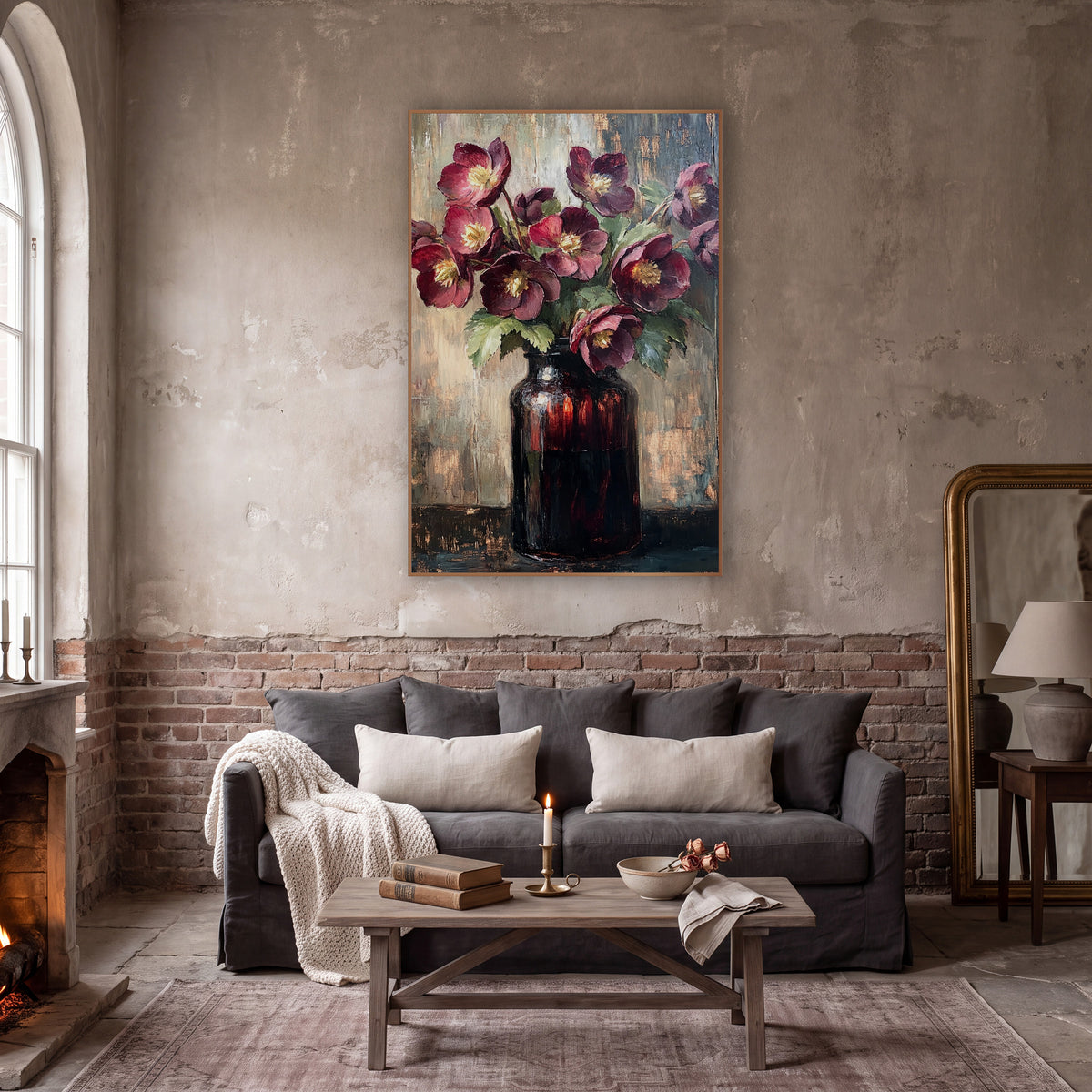 Amber Jar Hellebores Vintage Modern wall art in a moody dark academia room – burgundy hellebores with yellow centers