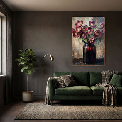 Amber Jar Hellebores Vintage Modern wall art in a moody dark academia room – burgundy hellebores with yellow centers