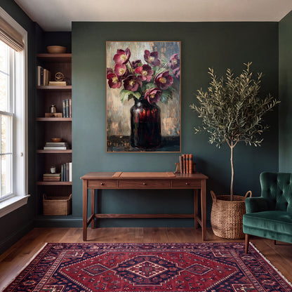 Amber Jar Hellebores Vintage Modern wall art in a moody dark academia room – burgundy hellebores with yellow centers