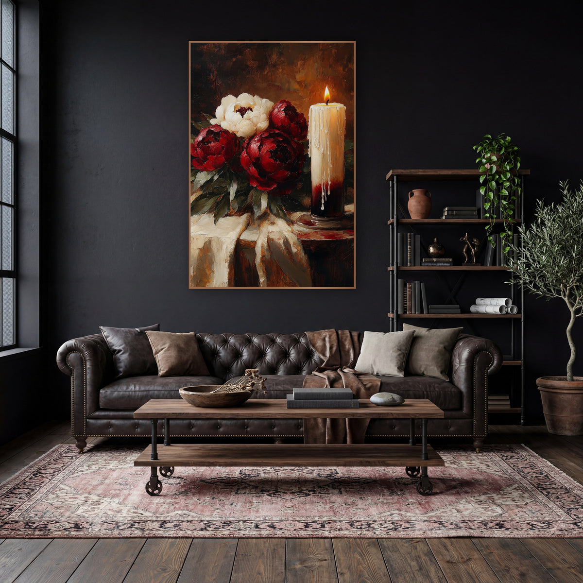 Burgundy Peonies Candlelit Still Life wall art in a moody dark academia room – burgundy and cream peonies