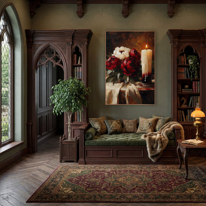 Burgundy Peonies Candlelit Still Life wall art in a moody dark academia room – burgundy and cream peonies