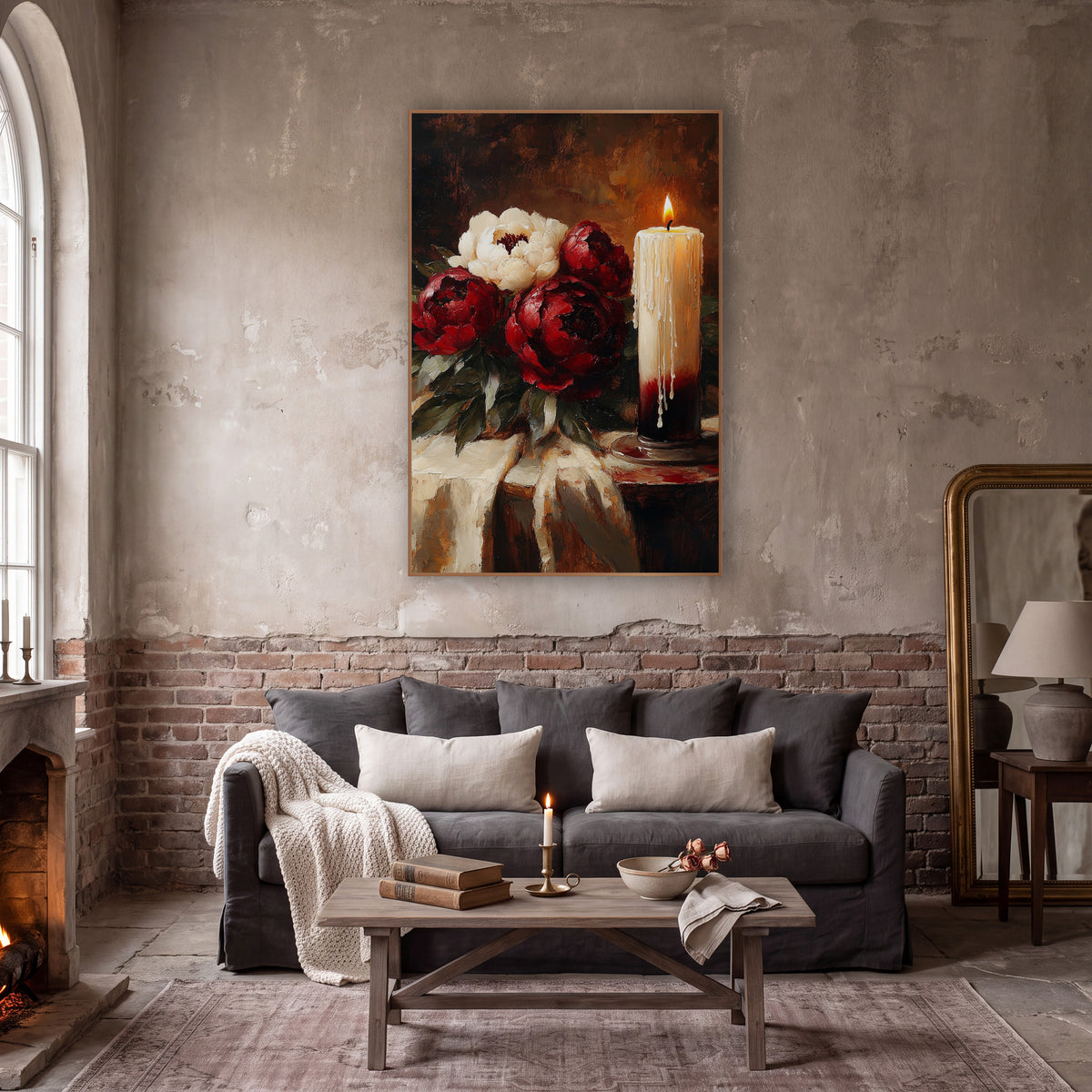 Burgundy Peonies Candlelit Still Life wall art in a moody dark academia room – burgundy and cream peonies