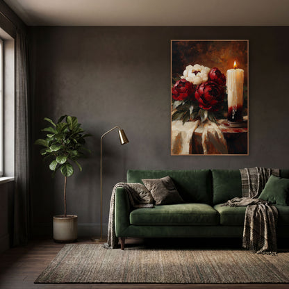 Burgundy Peonies Candlelit Still Life wall art in a moody dark academia room – burgundy and cream peonies