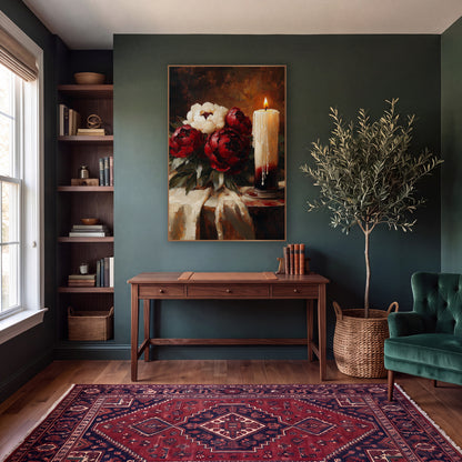 Burgundy Peonies Candlelit Still Life wall art in a moody dark academia room – burgundy and cream peonies
