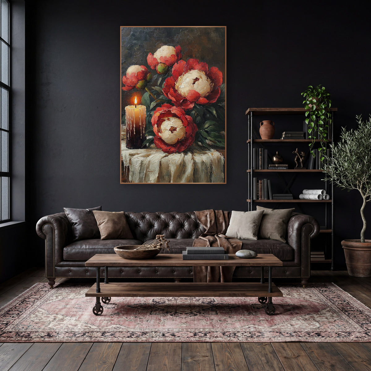 Candlelit Red Peonies Still Life wall art in a moody dark academia room – still life of red and cream peonies