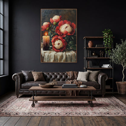 Candlelit Red Peonies Still Life wall art in a moody dark academia room – still life of red and cream peonies
