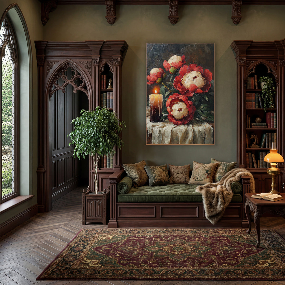 Candlelit Red Peonies Still Life wall art in a moody dark academia room – still life of red and cream peonies