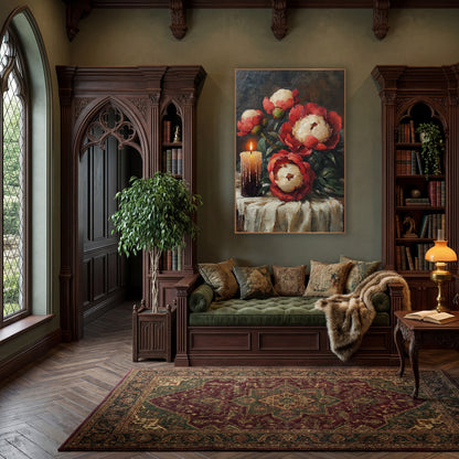 Candlelit Red Peonies Still Life wall art in a moody dark academia room – still life of red and cream peonies