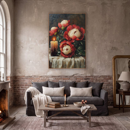 Candlelit Red Peonies Still Life wall art in a moody dark academia room – still life of red and cream peonies