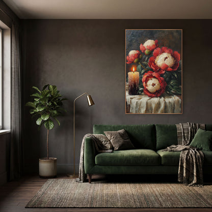 Candlelit Red Peonies Still Life wall art in a moody dark academia room – still life of red and cream peonies
