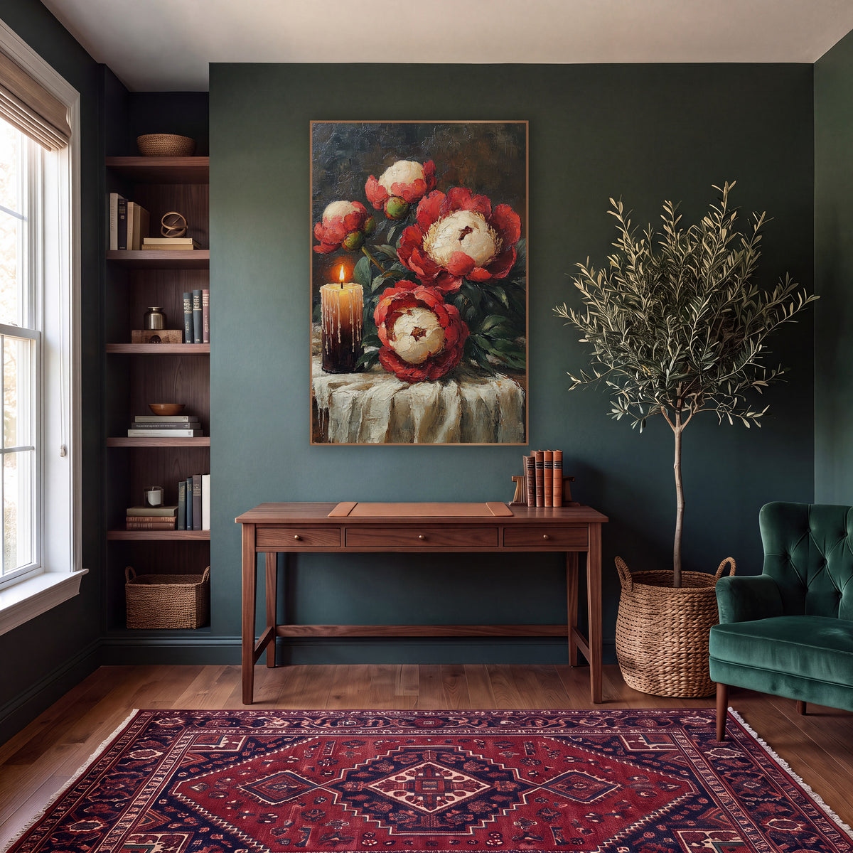 Candlelit Red Peonies Still Life wall art in a moody dark academia room – still life of red and cream peonies