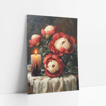 Candlelit Red Peonies Still Life art print leaning against a white wall – still life of red and cream peonies beside a lit