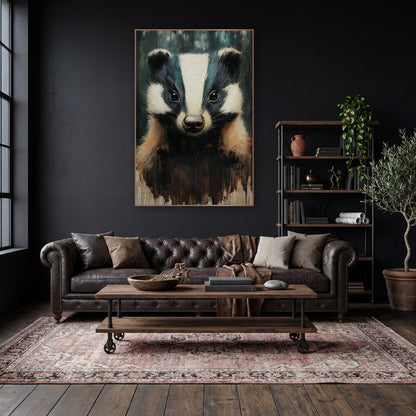 Shadowed Forest Badger Moody wall art in a moody dark academia room – front-facing badger portrait with white head