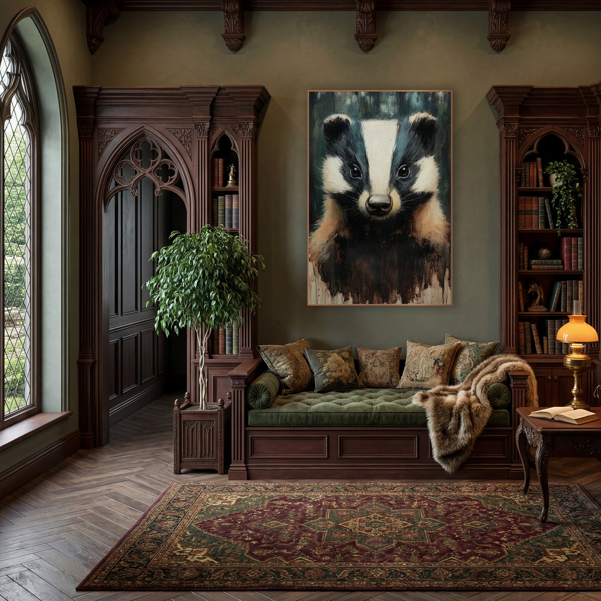 Shadowed Forest Badger Moody wall art in a moody dark academia room – front-facing badger portrait with white head