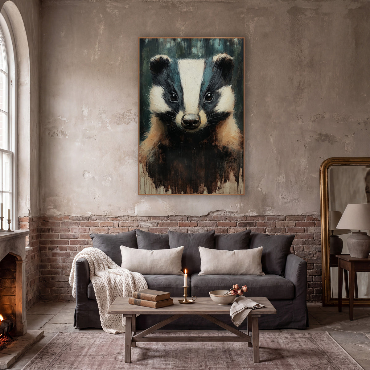 Shadowed Forest Badger Moody wall art in a moody dark academia room – front-facing badger portrait with white head
