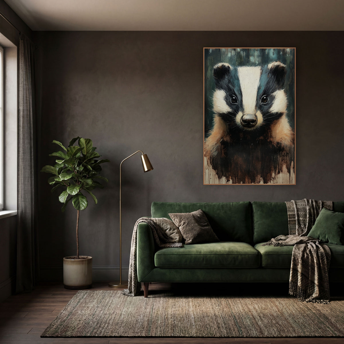 Shadowed Forest Badger Moody wall art in a moody dark academia room – front-facing badger portrait with white head