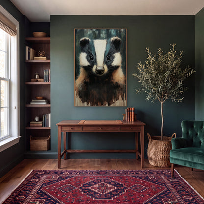 Shadowed Forest Badger Moody wall art in a moody dark academia room – front-facing badger portrait with white head