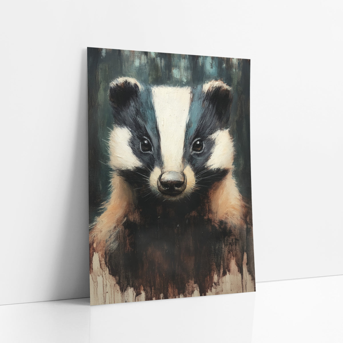 Shadowed Forest Badger Moody art print leaning against a white wall – front-facing badger portrait with white head stripe