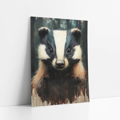 Shadowed Forest Badger Moody art print leaning against a white wall – front-facing badger portrait with white head stripe