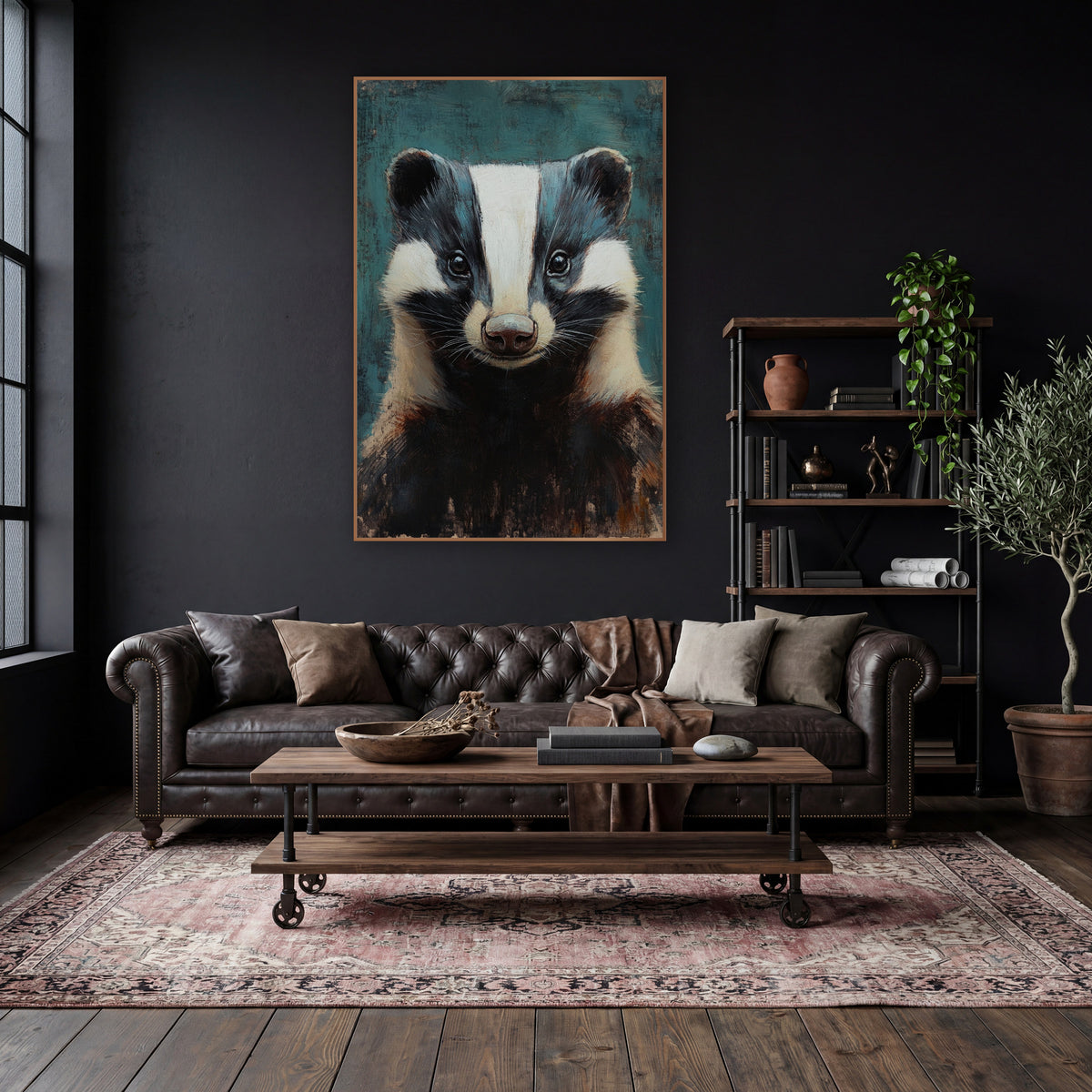 Teal Backdrop Smiling Badger Rustic wall art in a moody dark academia room – front-facing badger portrait with white