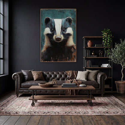 Teal Backdrop Smiling Badger Rustic wall art in a moody dark academia room – front-facing badger portrait with white