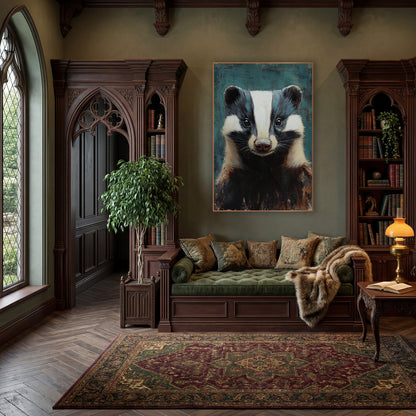 Teal Backdrop Smiling Badger Rustic wall art in a moody dark academia room – front-facing badger portrait with white