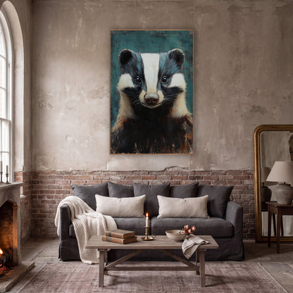 Teal Backdrop Smiling Badger Rustic wall art in a moody dark academia room – front-facing badger portrait with white