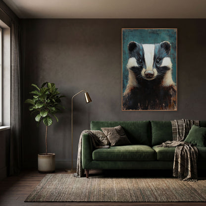 Teal Backdrop Smiling Badger Rustic wall art in a moody dark academia room – front-facing badger portrait with white