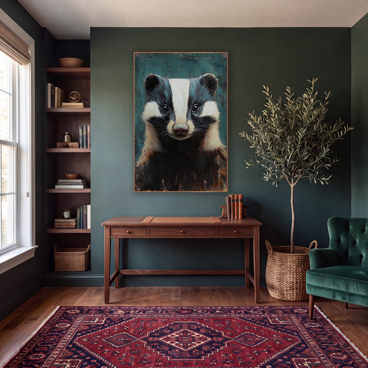 Teal Backdrop Smiling Badger Rustic wall art in a moody dark academia room – front-facing badger portrait with white