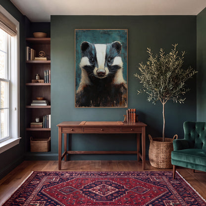 Teal Backdrop Smiling Badger Rustic wall art in a moody dark academia room – front-facing badger portrait with white