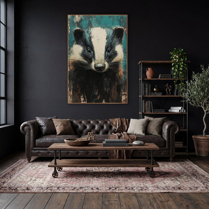 Teal Badger Portrait Moody Animal wall art in a moody dark academia room – front-facing badger with black and cream