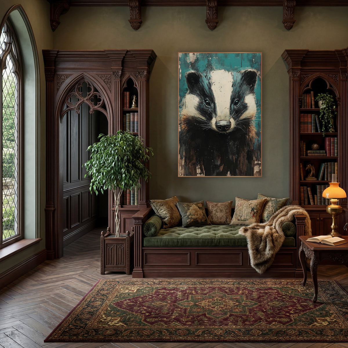 Teal Badger Portrait Moody Animal wall art in a moody dark academia room – front-facing badger with black and cream