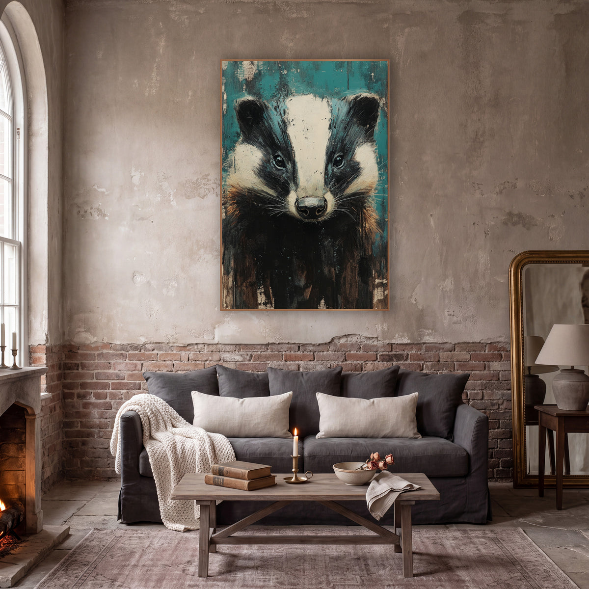 Teal Badger Portrait Moody Animal wall art in a moody dark academia room – front-facing badger with black and cream
