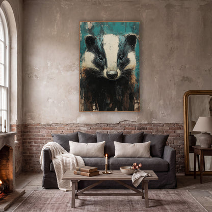 Teal Badger Portrait Moody Animal wall art in a moody dark academia room – front-facing badger with black and cream