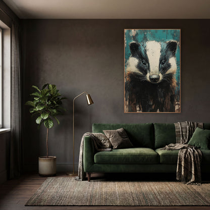 Teal Badger Portrait Moody Animal wall art in a moody dark academia room – front-facing badger with black and cream