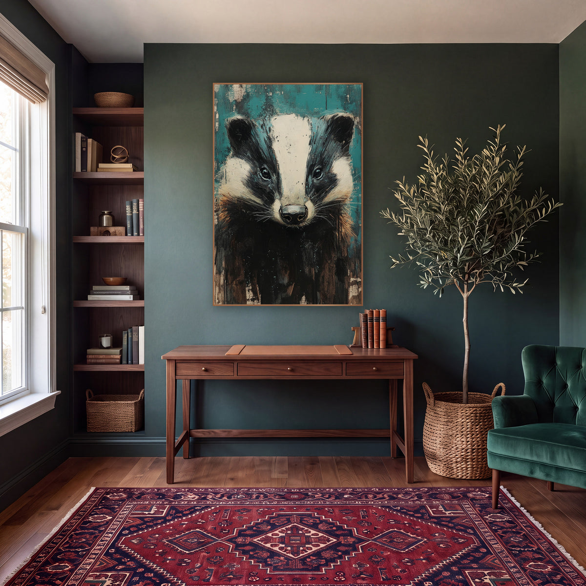 Teal Badger Portrait Moody Animal wall art in a moody dark academia room – front-facing badger with black and cream