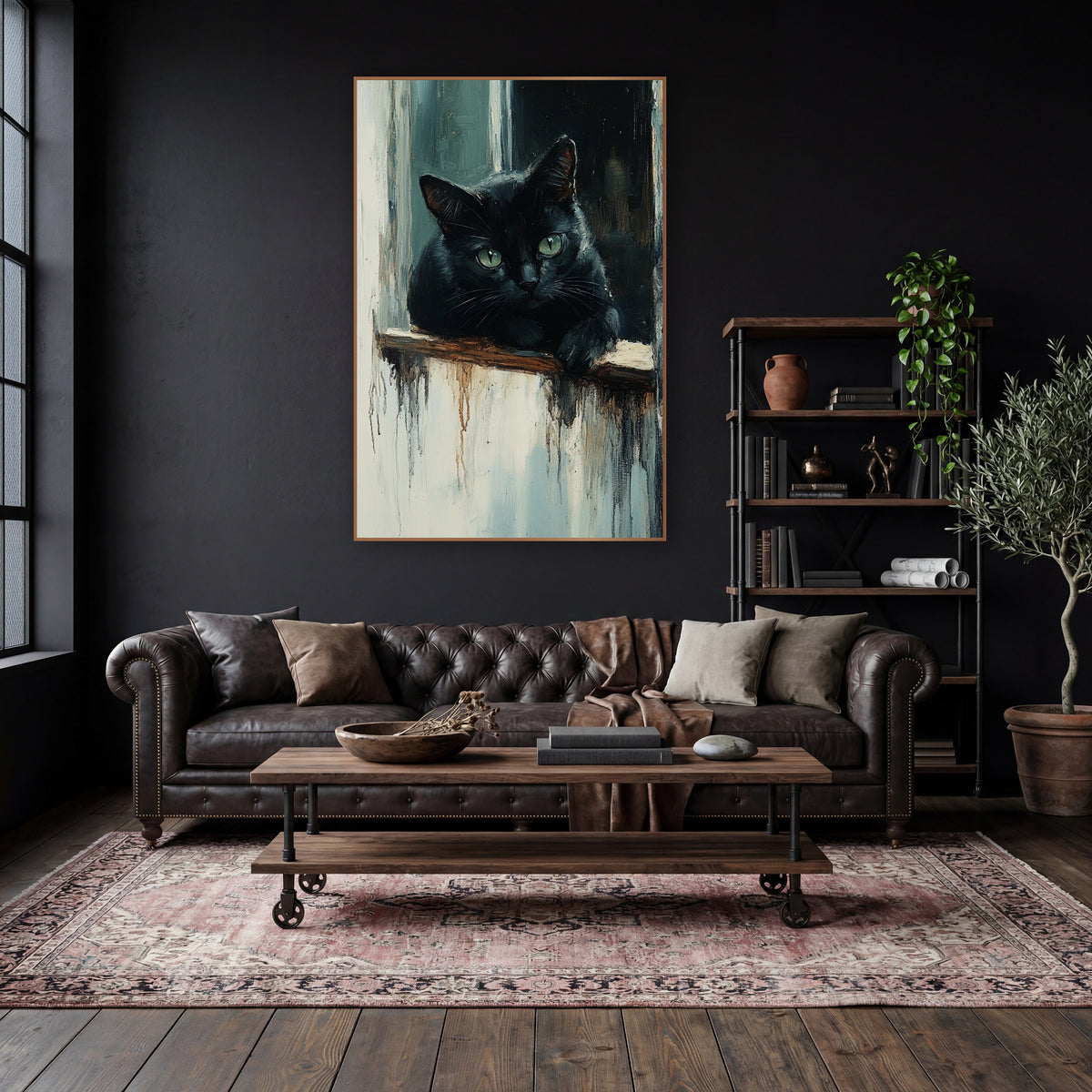 Black Cat Peeking Rustic Study wall art in a moody dark academia room – black cat with green eyes resting a paw