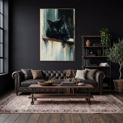 Black Cat Peeking Rustic Study wall art in a moody dark academia room – black cat with green eyes resting a paw