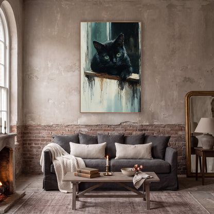 Black Cat Peeking Rustic Study wall art in a moody dark academia room – black cat with green eyes resting a paw