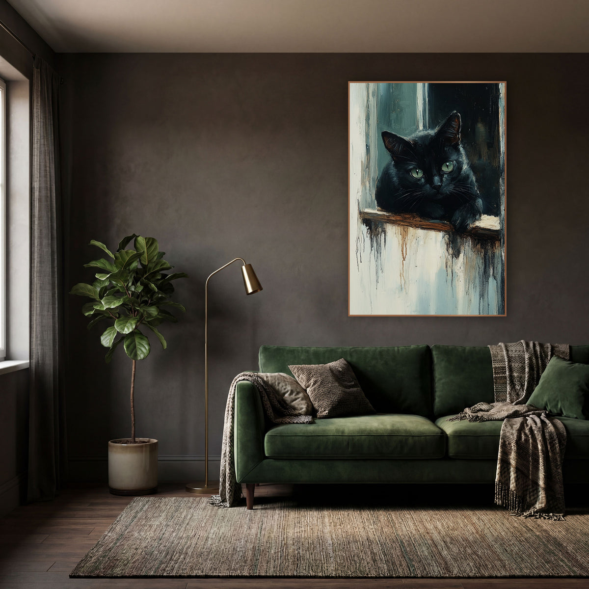 Black Cat Peeking Rustic Study wall art in a moody dark academia room – black cat with green eyes resting a paw