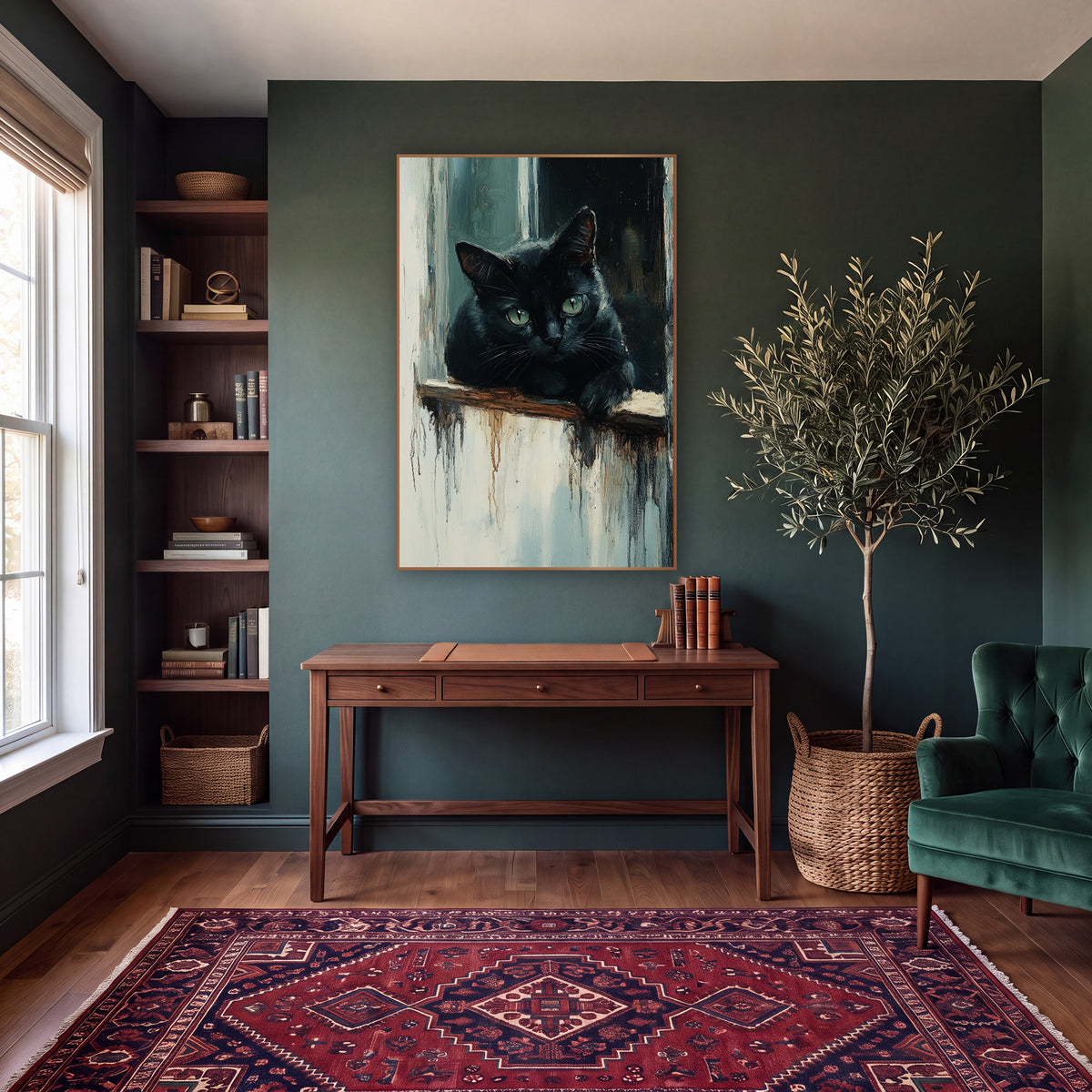Black Cat Peeking Rustic Study wall art in a moody dark academia room – black cat with green eyes resting a paw