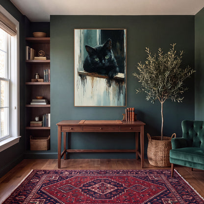 Black Cat Peeking Rustic Study wall art in a moody dark academia room – black cat with green eyes resting a paw