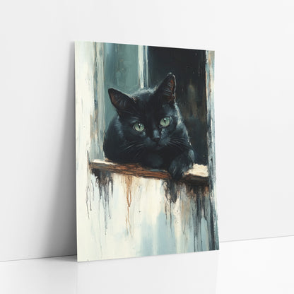 Black Cat Peeking Rustic Study art print leaning against a white wall – black cat with green eyes resting a paw on a worn