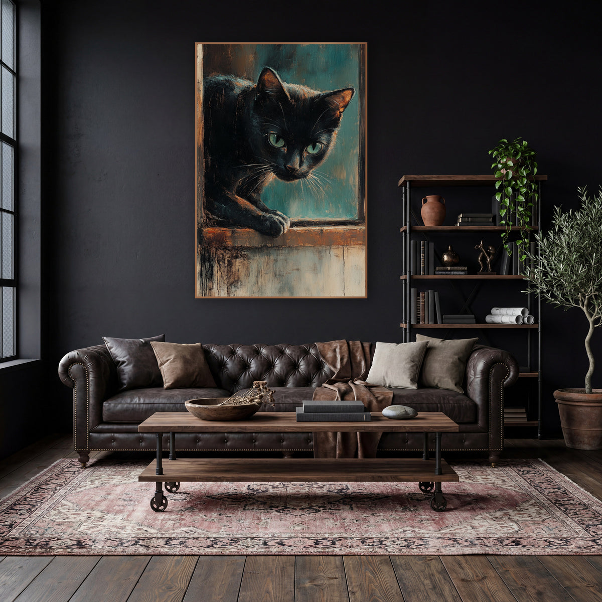 Crouching Teal Cat Moody Study wall art in a moody dark academia room – black cat with green eyes leaning