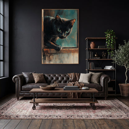 Crouching Teal Cat Moody Study wall art in a moody dark academia room – black cat with green eyes leaning