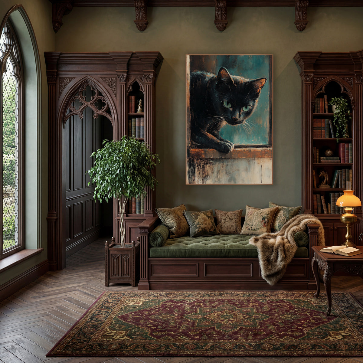 Crouching Teal Cat Moody Study wall art in a moody dark academia room – black cat with green eyes leaning