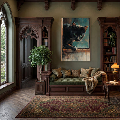 Crouching Teal Cat Moody Study wall art in a moody dark academia room – black cat with green eyes leaning