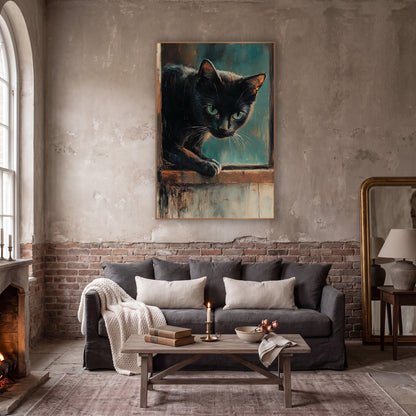 Crouching Teal Cat Moody Study wall art in a moody dark academia room – black cat with green eyes leaning